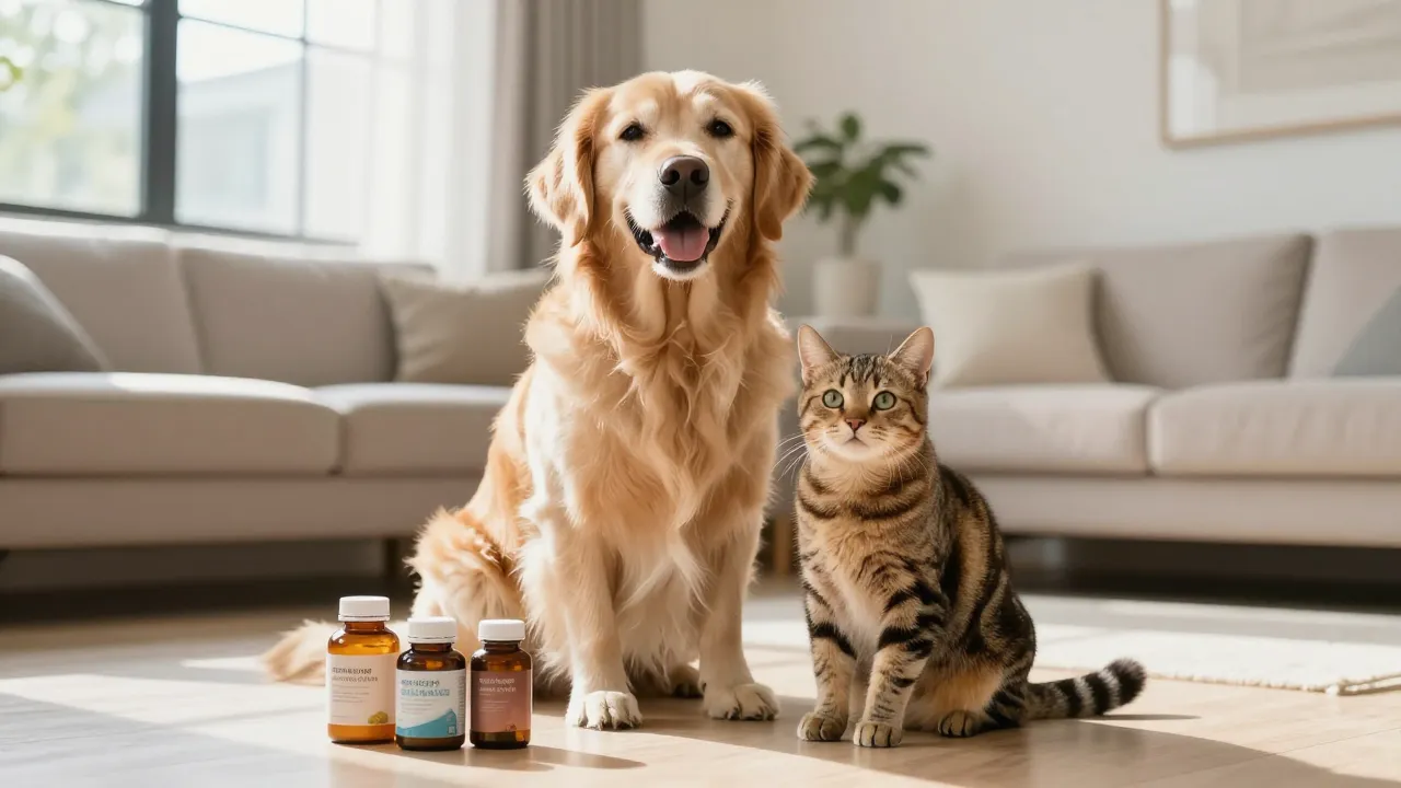 A golden retriever and tabby cat with supplement bottles in a modern living room.